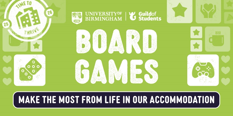 Green banner which says "Board Games", with Icons related to Board Games
