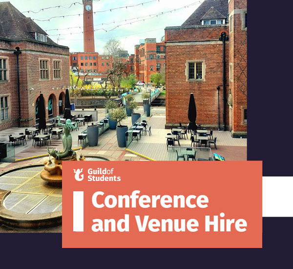 An image with a collage of images from the Guild with the text Conference and Venue Hire on an orange rectangle background in the center