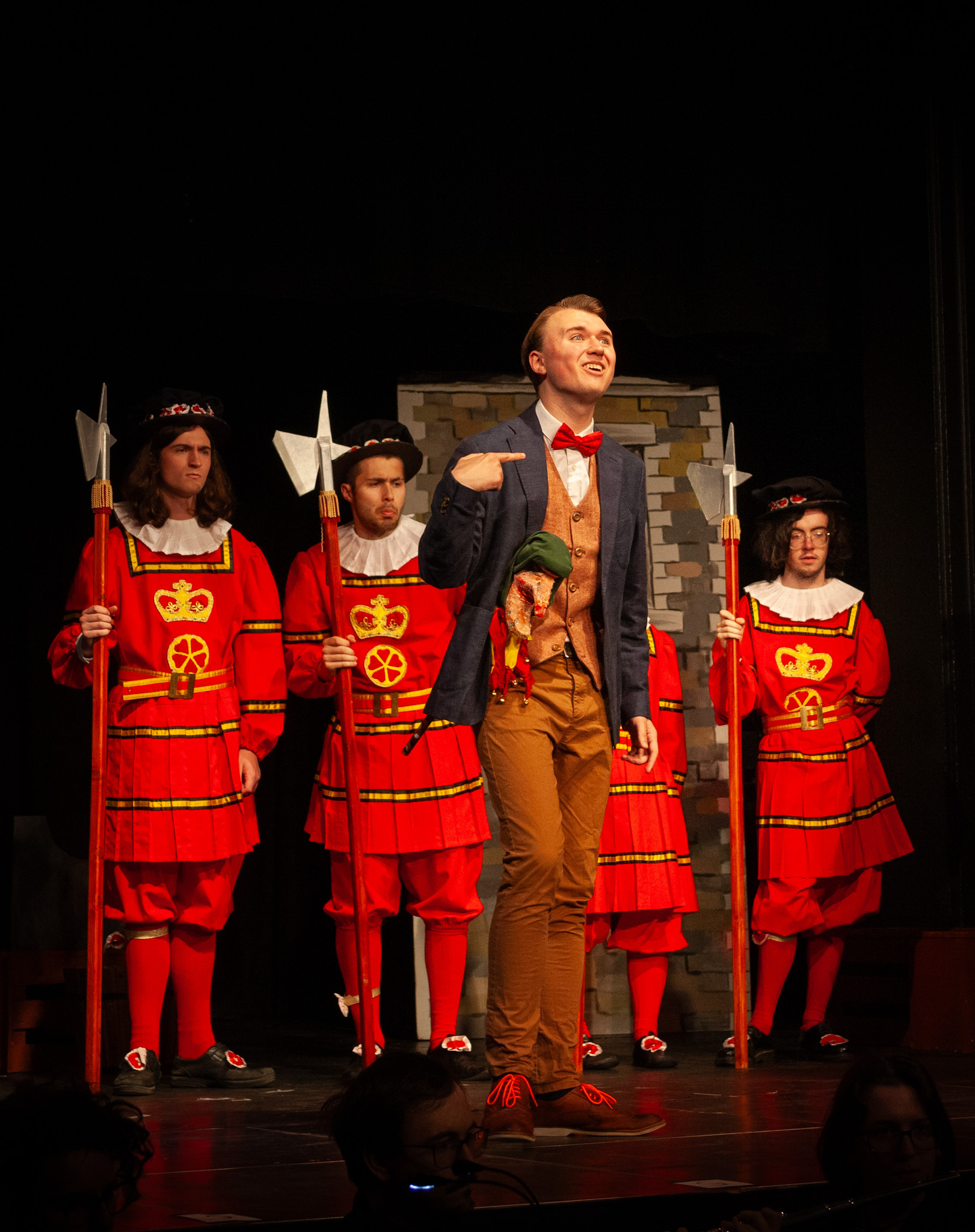 Image from our 2024 production of the Yeomen of the Guard with Jack Point in front of the Yeomen