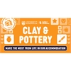 Orange banner which says "Clay and Pottery", with Icons related to arts and crafts.