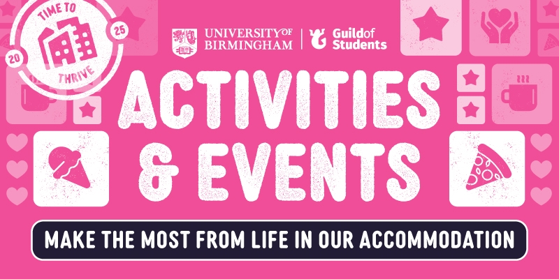 Pink banner which says "Activities &amp; Events", with Icons related to food