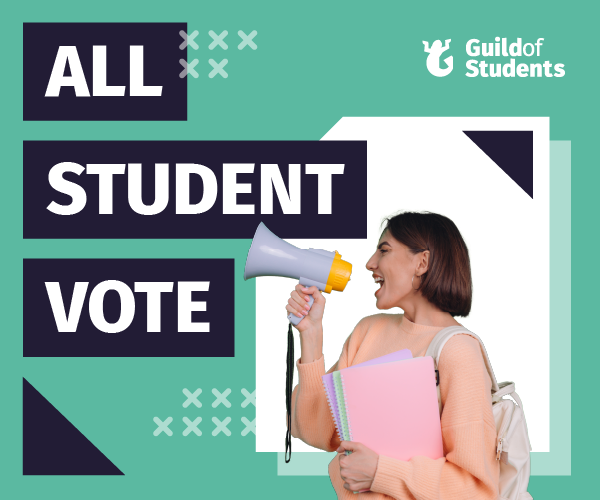 A green background with a woman holding a megaphone next to the words All Student Vote