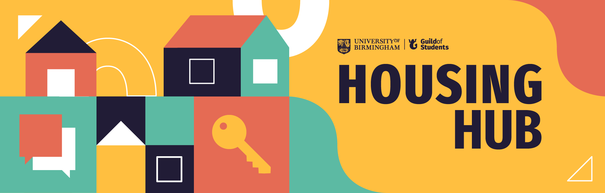 A yellow background with the words Housing Hub surrounded by house related icons