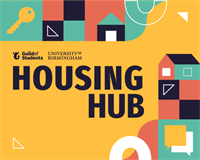 A yellow background with the words Housing Hub surrounded by house related icons