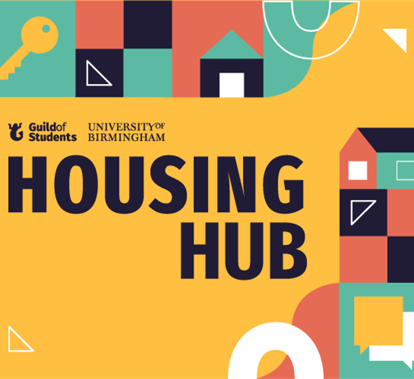 A yellow background with the words Housing Hub surrounded by house related icons